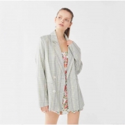 Women's Light Green Plaid Blazer Jacket Double Breasted Cotton Blend Lapel Suit Coat For Office Casual British Style Outerwear
