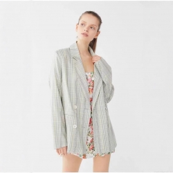 Women's Light Green Plaid Blazer Jacket Double Breasted Cotton Blend Lapel Suit Coat For Office Casual British Style Outerwear