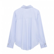 Women's Striped Long Sleeve Blouse Casual Loose Fit Polyester Shirt With Metal Buttons Curved Hem Office Lady Tops