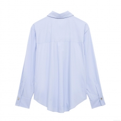 Women's Striped Long Sleeve Blouse Casual Loose Fit Polyester Shirt With Metal Buttons Curved Hem Office Lady Tops