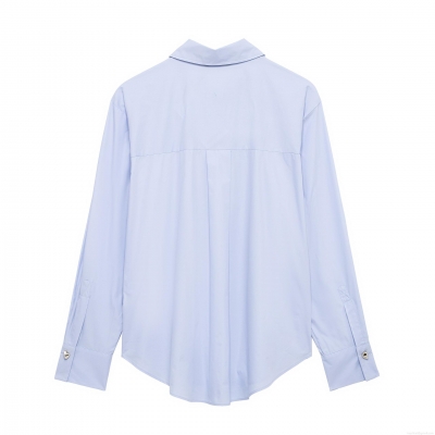Women's Striped Long Sleeve Blouse Casual Loose Fit Polyester Shirt With Metal Buttons Curved Hem Office Lady Tops