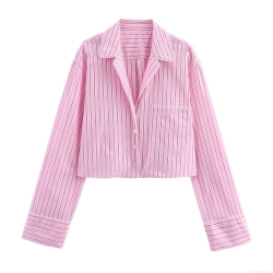 Women's Sweet Striped Long Sleeve Blouse Lace Patchwork V-Neck Loose Shirt Casual Button Down Polyester Top For Ladies