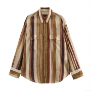 Women's Casual Loose Stripe Blouse Long Sleeve Button Down Shirt Lightweight Polyester Tops Commuter European Style Streetwear for Spring Summer Autumn