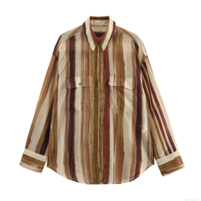 Women's Casual Loose Stripe Blouse Long Sleeve Button Down Shirt Lightweight Polyester Tops Commuter European Style Streetwear for Spring Summer Autumn
