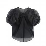 Women's French Style Sheer Black Organza Blouse With Bow Puff Sleeve Sweet Summer Elegant Mesh Shirt Top For Party Dating