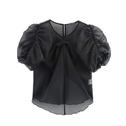Women's French Style Sheer Black Organza Blouse With Bow Puff Sleeve Sweet Summer Elegant Mesh Shirt Top For Party Dating