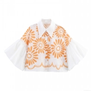 Women's Summer Short Puff Sleeve Blouse Floral Embroidery Eyelet Lace Top Loose Fit Single Breasted Lapel Shirt Fresh Sweet Style For Women