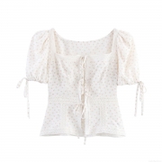Women's Sweet Pink Floral Short Sleeve Blouse Square Neck Puff Sleeve Top With Lace Splicing And Tie-Up Detail Elegant Summer Fresh Girly Shirt For Women
