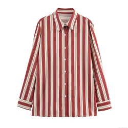Women's Striped Long Sleeve Blouse Polyester Lapel Shirt With Back Tie Waist Commuter Office Top Casual Slim Fit Vertical Stripe Button Down Shirt