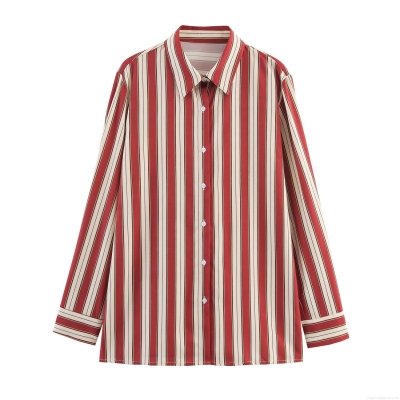 Women's Striped Long Sleeve Blouse Polyester Lapel Shirt With Back Tie Waist Commuter Office Top Casual Slim Fit Vertical Stripe Button Down Shirt