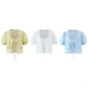 Women French Puff Sleeve Tie Front Lace Blouse And Ruffle Camisole Sweet Crop Top Short Sleeve Summer Shirt For Lady Fashion Casual Sweet Style