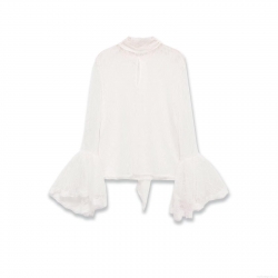 Women Elegant White Lace Blouse Long Flare Sleeve Patchwork Shirt Retro Half High Neck Stand Collar Tie Hem Sheer Tops For Streetwear Party Daily