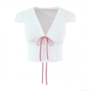 Women's French Retro Eyelet Embroidery V-Neck Crop Top With Red Gingham Ribbon Bow Short Puff Sleeve 100% Cotton Blouse For Summer Streetwear Elegant Hollow Out Top