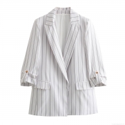 Women's Casual Blazer Jacket Polyester Roll-up Sleeve Button Detail Solid Color Striped Office Business Slim Fit Outerwear For Women