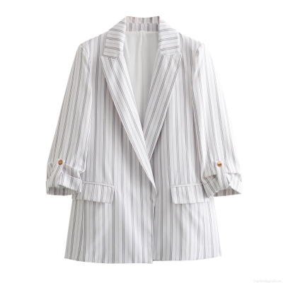 Women's Casual Blazer Jacket Polyester Roll-up Sleeve Button Detail Solid Color Striped Office Business Slim Fit Outerwear For Women
