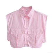 Women Sleeveless Striped Shirt 100% Polyester Woven Blouse With Double Chest Pockets Button Down Curved Hem Short Crop Top For Summer Casual Streetwear