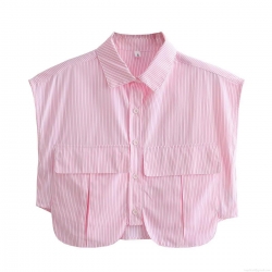 Women Sleeveless Striped Shirt 100% Polyester Woven Blouse With Double Chest Pockets Button Down Curved Hem Short Crop Top For Summer Casual Streetwear