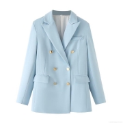 Women's Casual Loose Double Breasted Blazer Jacket With Gold Buttons Long Sleeve Polyester Office Wear Streetwear Outerwear For Lady