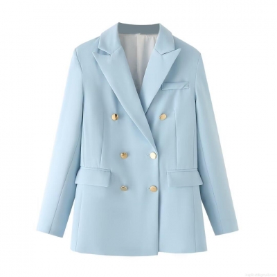 Women's Casual Loose Double Breasted Blazer Jacket With Gold Buttons Long Sleeve Polyester Office Wear Streetwear Outerwear For Lady