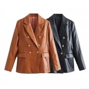 Women's Slim Fit PU Faux Leather Blazer Double Breasted Long Sleeve Jacket With Gold Metal Buttons Streetwear Fall Autumn Outerwear