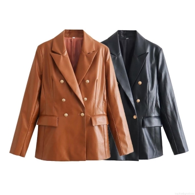 Women's Slim Fit PU Faux Leather Blazer Double Breasted Long Sleeve Jacket With Gold Metal Buttons Streetwear Fall Autumn Outerwear