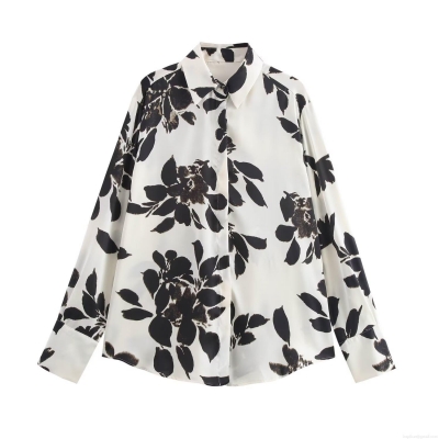 Women's Fashion Satin Long Sleeve Blouse Vintage Black Floral Print Shirt Single Breasted Lapel Casual Streetwear Top
