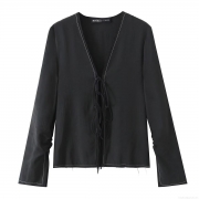Women V Neck Long Sleeve Shirt With Bow Tie Front White Contrast Stitching Detail Black Polyester Fashion Streetwear Blouse Top For Daily Wear