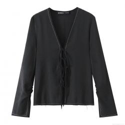 Women V Neck Long Sleeve Shirt With Bow Tie Front White Contrast Stitching Detail Black Polyester Fashion Streetwear Blouse Top For Daily Wear