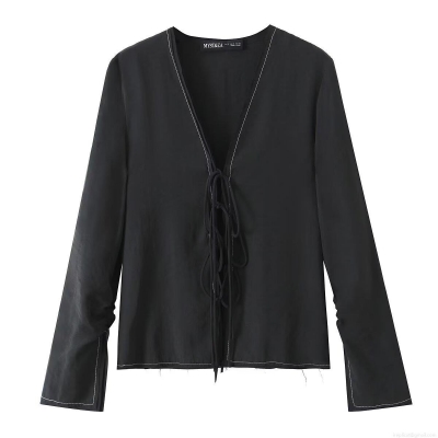Women V Neck Long Sleeve Shirt With Bow Tie Front White Contrast Stitching Detail Black Polyester Fashion Streetwear Blouse Top For Daily Wear