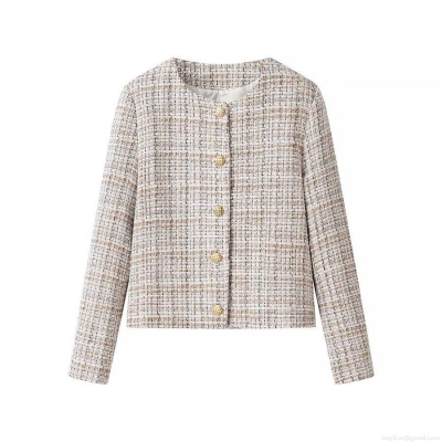 Women Tweed Blazer Round Neck Gold Buttoned Long Sleeve Textured Jacket Fashion Elegant Western Style Coat Ladies Office Daily Casual Outerwear