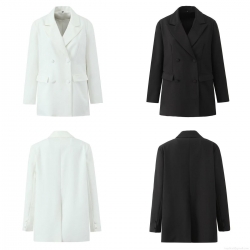 Women Double Breasted Solid Color Blazer Polyester Spandex Blend Mid-Length Long Sleeve Suit Jacket For Spring Autumn Office Work Lady Outwear
