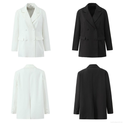 Women Double Breasted Solid Color Blazer Polyester Spandex Blend Mid-Length Long Sleeve Suit Jacket For Spring Autumn Office Work Lady Outwear