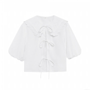 Women's Elegant Lace Embroidery Short Sleeve Blouse 100% Polyester Peter Pan Collar Bow Tie Front Top For Summer Party Streetwear