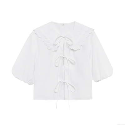 Women's Elegant Lace Embroidery Short Sleeve Blouse 100% Polyester Peter Pan Collar Bow Tie Front Top For Summer Party Streetwear