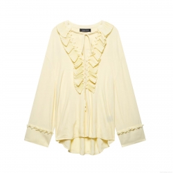 Women's V-Neck Ruffle Tie Blouse Long Sleeve Solid Color Streetwear European Style Pale Yellow Polyester Loose Shirt Top
