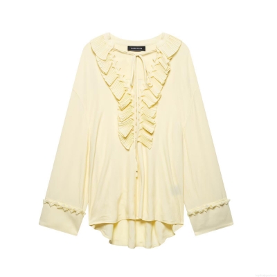 Women's V-Neck Ruffle Tie Blouse Long Sleeve Solid Color Streetwear European Style Pale Yellow Polyester Loose Shirt Top