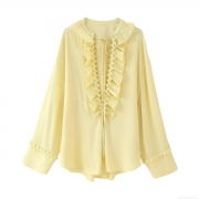 Women's Chiffon Blouse V-Neck Ruffle Pleated Long Sleeve Lace-up Shirt Loose Fit French Vintage Elegant Pale Yellow Casual Top For Lady