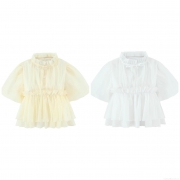 Women's Summer Short Sleeve Blouse Polyester Stand Collar Puff Sleeve Ruffle Single Breasted Slim Fit Casual Streetwear Top for Women