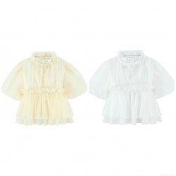 Women's Summer Short Sleeve Blouse Polyester Stand Collar Puff Sleeve Ruffle Single Breasted Slim Fit Casual Streetwear Top for Women