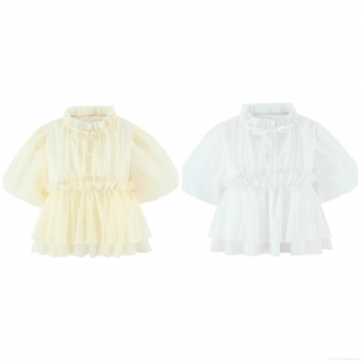 Women's Summer Short Sleeve Blouse Polyester Stand Collar Puff Sleeve Ruffle Single Breasted Slim Fit Casual Streetwear Top for Women