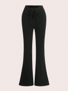 Women's Low Waist Ribbed Knit Flared Pants Slim Fit Drawstring Polyester Rayon Blend Trousers Casual Bell Bottom Yoga Pants For Women