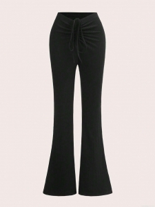 Women's Low Waist Ribbed Knit Flared Pants Slim Fit Drawstring Polyester Rayon Blend Trousers Casual Bell Bottom Yoga Pants For Women