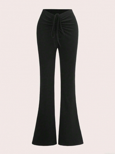 Women's Low Waist Ribbed Knit Flared Pants Slim Fit Drawstring Polyester Rayon Blend Trousers Casual Bell Bottom Yoga Pants For Women