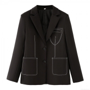 Women's Loose Fit Contrast Stitching Blazer Jacket Black Single Breasted Lapel Long Sleeve Polyester Outerwear Streetwear Fashion Coat For Daily Wear