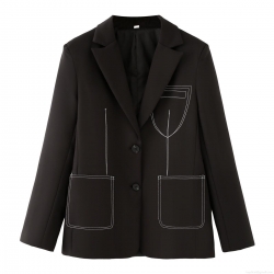 Women's Loose Fit Contrast Stitching Blazer Jacket Black Single Breasted Lapel Long Sleeve Polyester Outerwear Streetwear Fashion Coat For Daily Wear