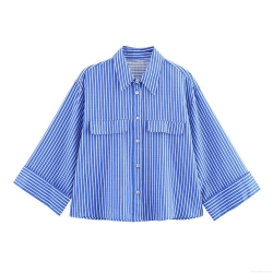 Women's Linen Blend Vertical Striped Shirt Casual Loose Wide Sleeve Blouse With Dual Pockets Summer Streetwear Top