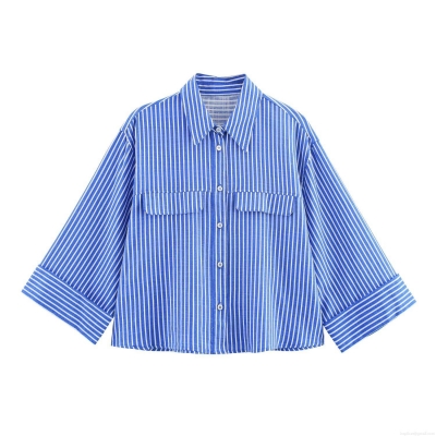 Women's Linen Blend Vertical Striped Shirt Casual Loose Wide Sleeve Blouse With Dual Pockets Summer Streetwear Top