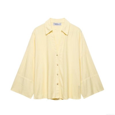 Women's Casual Long Sleeve Shirt 100% Polyester V-Neck Lapel Single Breasted Loose Fit Streetwear Top Light Yellow Daily Wear Blouse