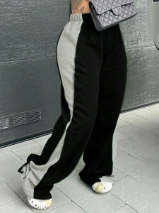 Women's Fashion Color Block Wide Leg Pants Loose Elastic Waist Casual Sweatpants Autumn Winter Knit Streetwear Trousers