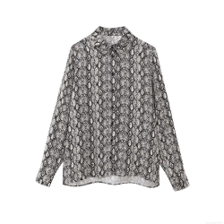 Women's Snake Skin Print Satin Feel Shirt Long Sleeve Turn-Down Collar Button Down Blouse Streetwear Loose Fit Casual Top For Ladies